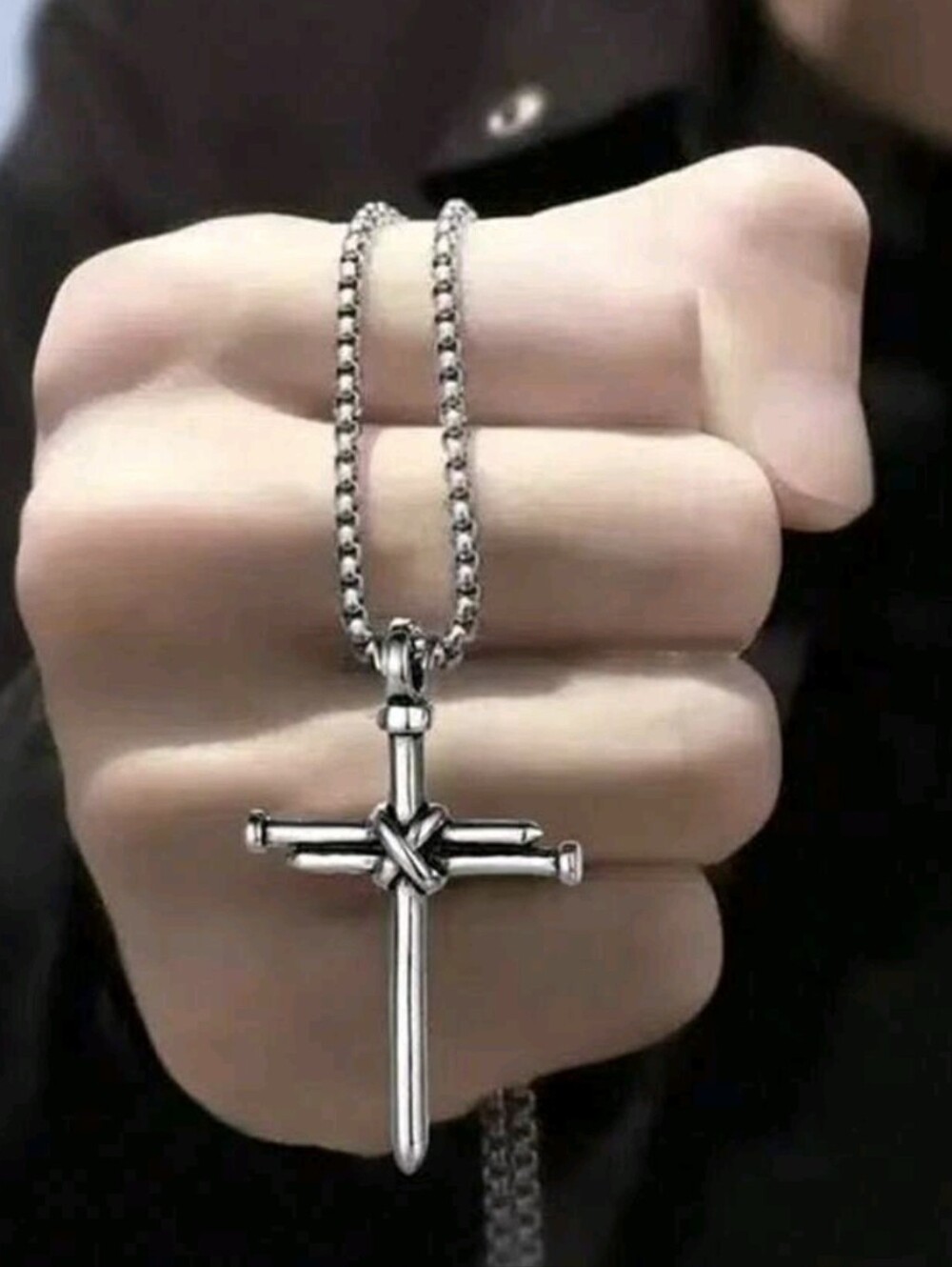 Sterling Silver Cross Pendant Necklace - Men's Black/Silver Finish